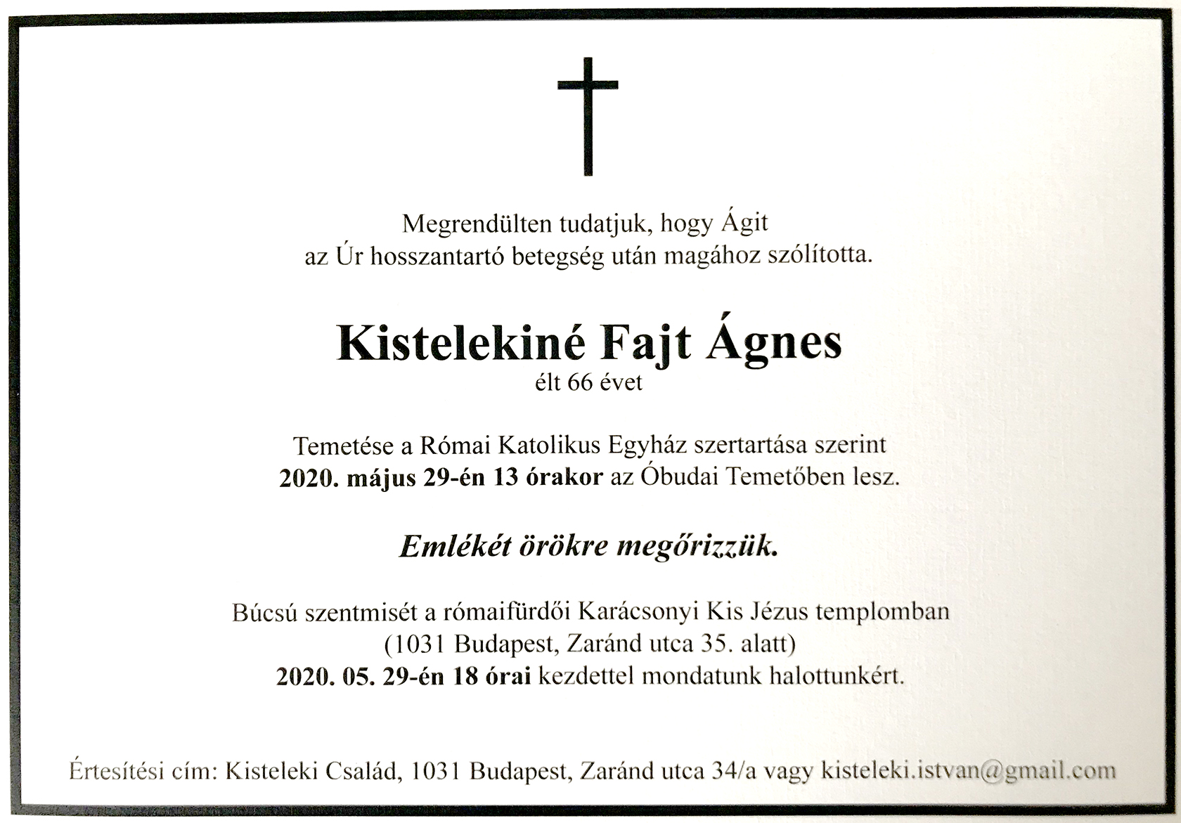 Kistelekiné Fajt Ágnes gyászjelentése